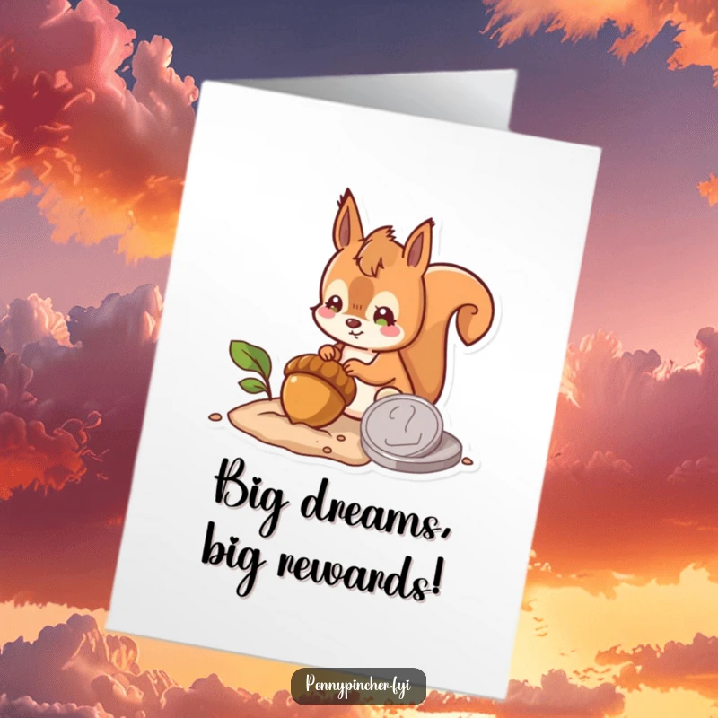 Funny Free Printable Congratulations Card: Hopeful squirrel burying an acorn beside a large coin, a humorous downloadable message