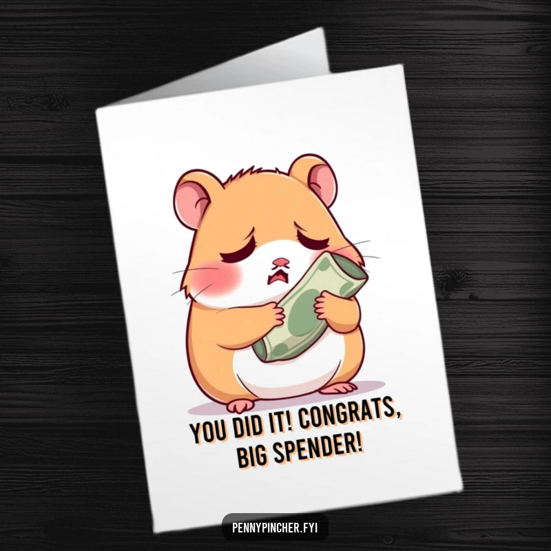 Funny free printable congratulations card: A worried hamster holds a rolled bill, offering its last bit for your grand success.