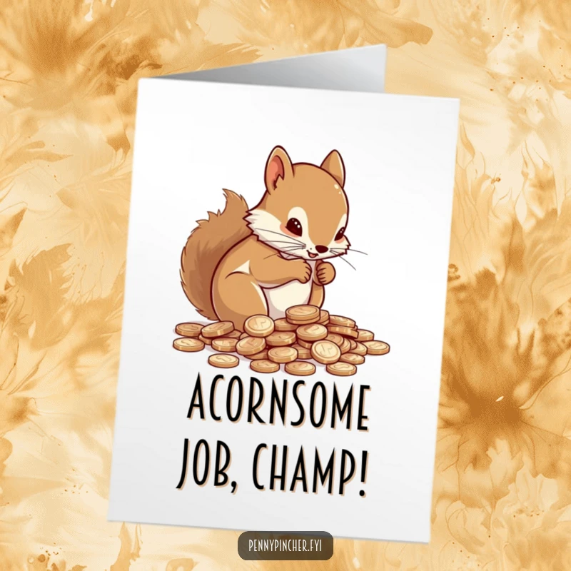 Funny free printable congratulations card: A focused squirrel meticulously tallying up a hoard of shiny pennies.
