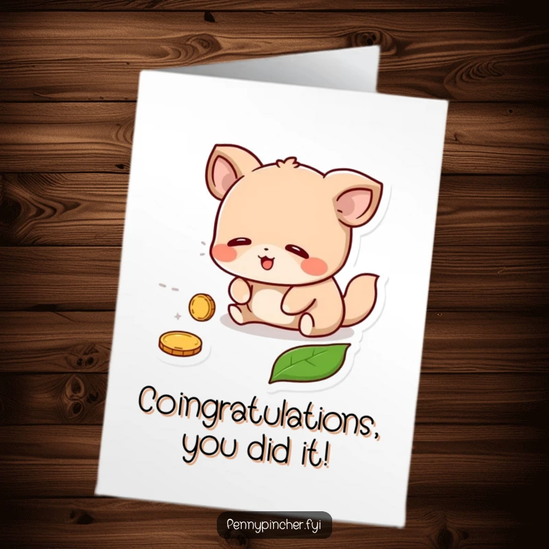 Funny Free Printable Congratulations Card: A relieved animal character joyfully finds a lost coin, symbolizing good fortune and success.