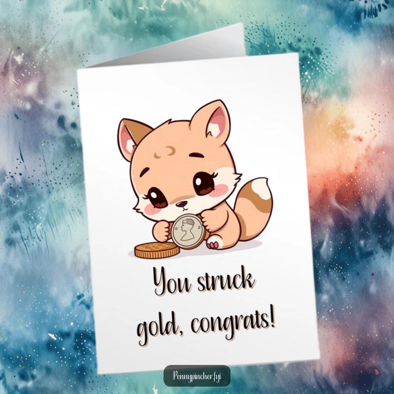 Free Printable Congratulations Card shows an inquisitive animal character closely inspecting a coin, perhaps contemplating their winning investment.
