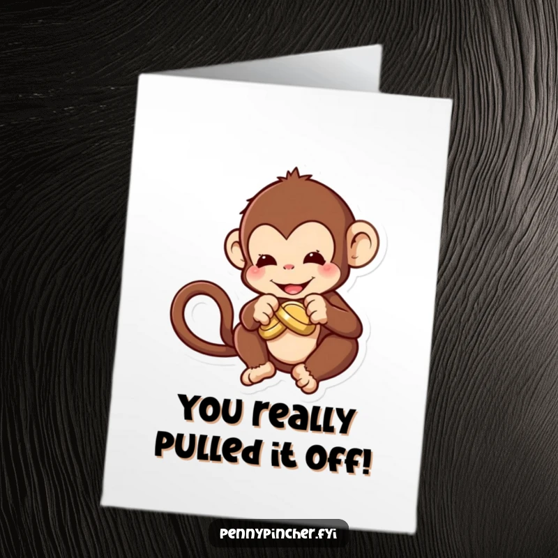 Funny Free Printable Congratulations Card: A playful monkey character attempting to tie a knot in a coin.
