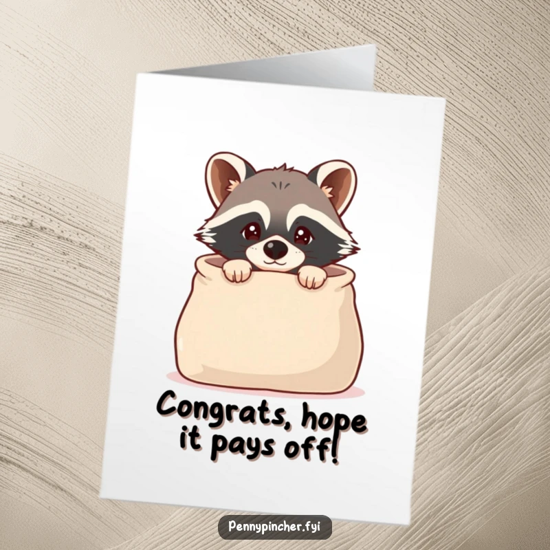 Funny Free Printable Raccoon Congratulations Card: Cautious raccoon peeking into a large, empty money bag, perhaps after a win.