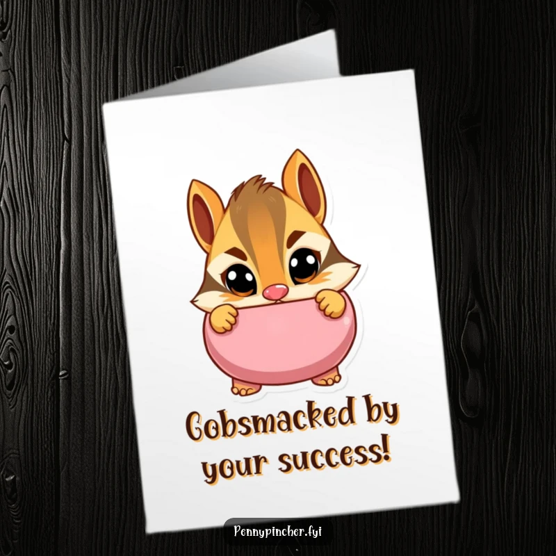Funny Free Printable Congratulations Card: Cautious chipmunk wide-eyed peeking into a piggy bank, a humorous downloadable message