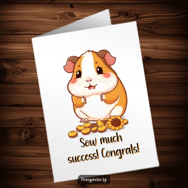 Funny free printable guinea pig congratulations card, contented guinea pig arranging sunflower seeds, tidy success.