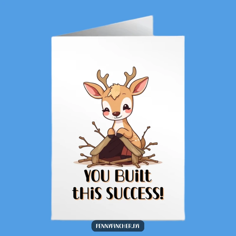 Free Printable Congrats Card: Bouncy Deer Building Tiny Shelter Funny DIY Gift Downloadable