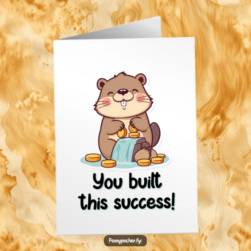 Funny Free Printable Congratulations Card: Ambitious beaver character constructing a dam made of money, symbolizing financial success.