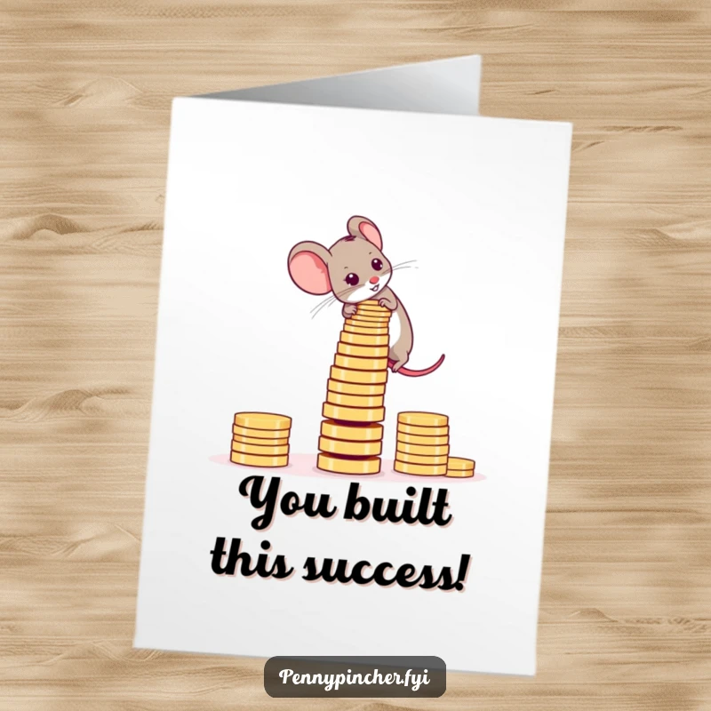 Funny free printable congratulations card: A driven mouse stacking coins high, creating an unstable but impressive tower.