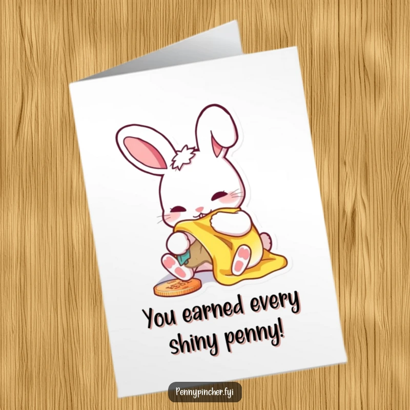 Funny Free Printable Congratulations Card showing a rabbit character meticulously polishing a small, shiny penny with a proud expression.