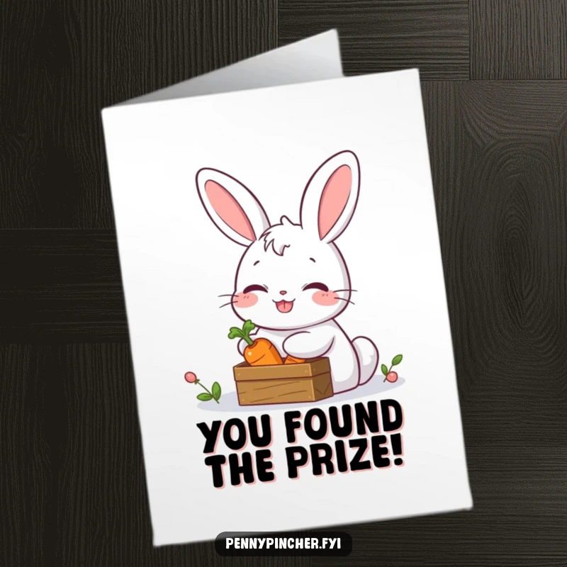 Funny Free Printable Rabbit Congratulations Card: A giggling rabbit conceals a carrot within a miniature treasure chest, perfect for congrats.
