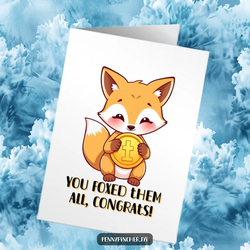 Funny Free Printable Fox Congratulations Card: Proud fox polishing a gold coin, celebrating success and achievement.
