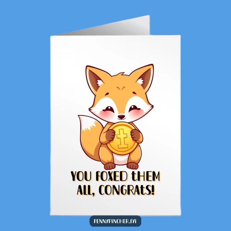 Free Printable Fox Congrats Card: Shiny Coin Success Downloadable Gift Idea