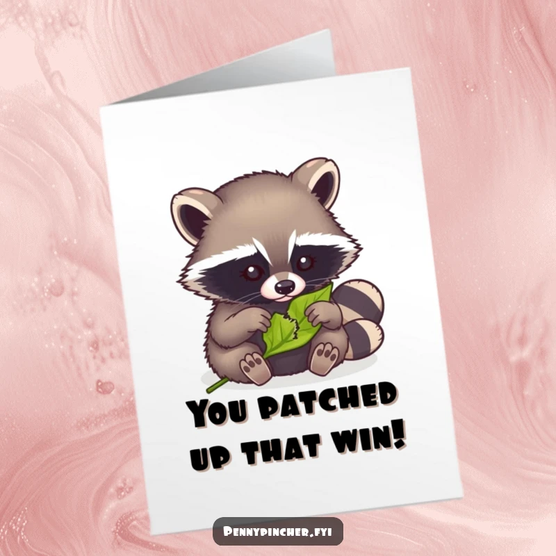 Funny Free Printable Congrats Card: A meticulous raccoon carefully mending a small torn leaf, ideal for congratulating achievements.