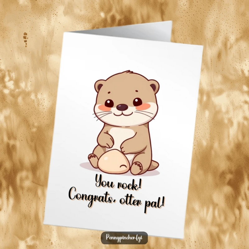 Funny free printable otter congratulations card, otter happily plays with a pebble, celebrating success.