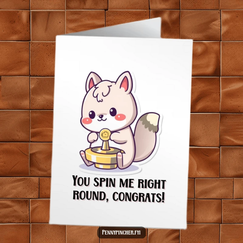 Funny Free Printable Congratulations Card: A happy, energetic animal character playing with a coin as a spinning toy.