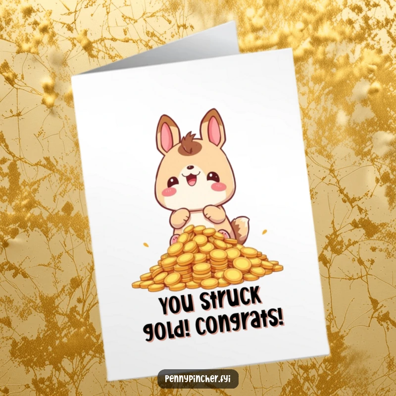 Funny Free Printable Congratulations Card: A delighted animal character sitting atop a massive hoard of valuable coins.