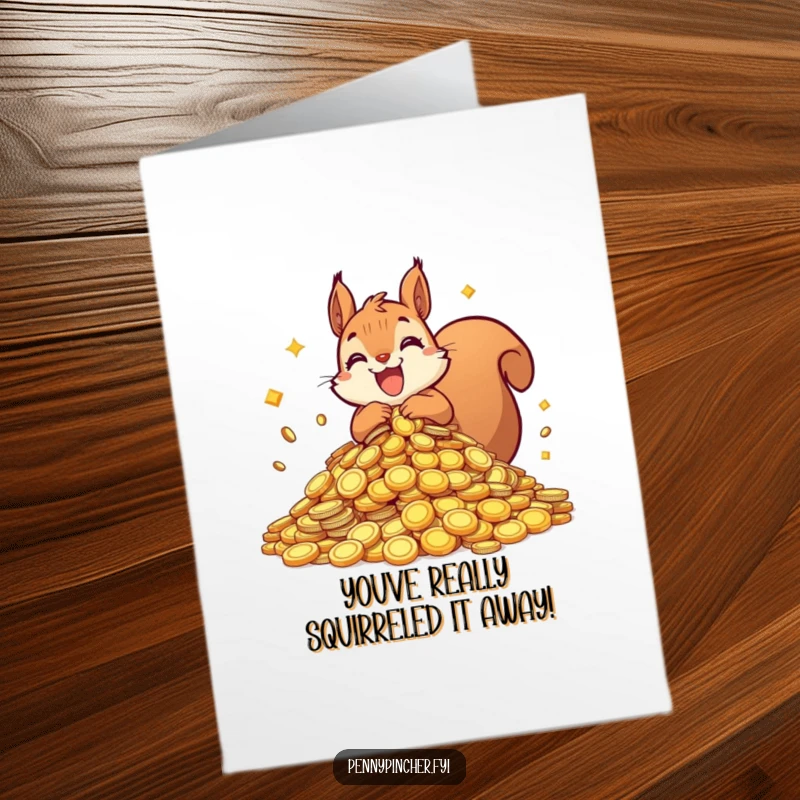 Funny Free Printable Squirrel Congratulations Card: A squirrel character gleefully guarding an enormous treasure of shiny coins.