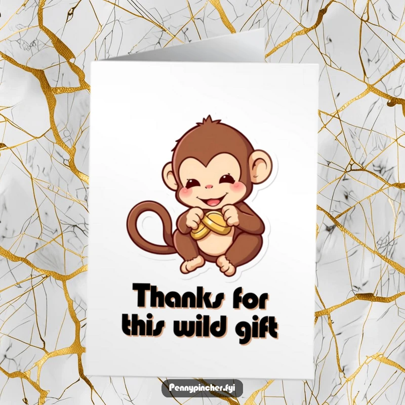Funny Free Printable Thank You Card: A curious monkey character trying to create a knot in a coin for thanks.