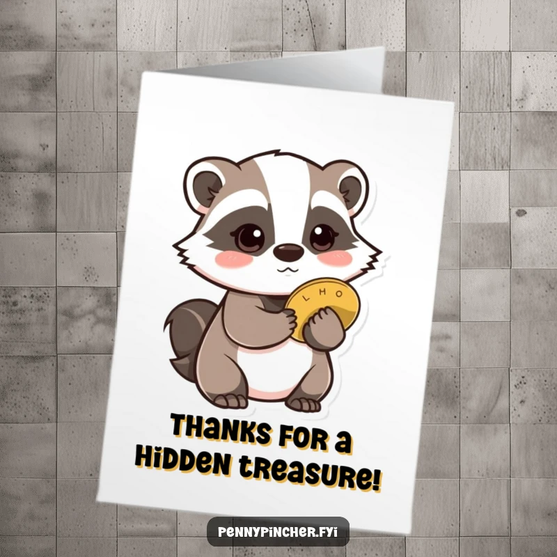 Funny Free Printable Thank You card of a cautious badger character hiding one coin behind its back, a secret stash.