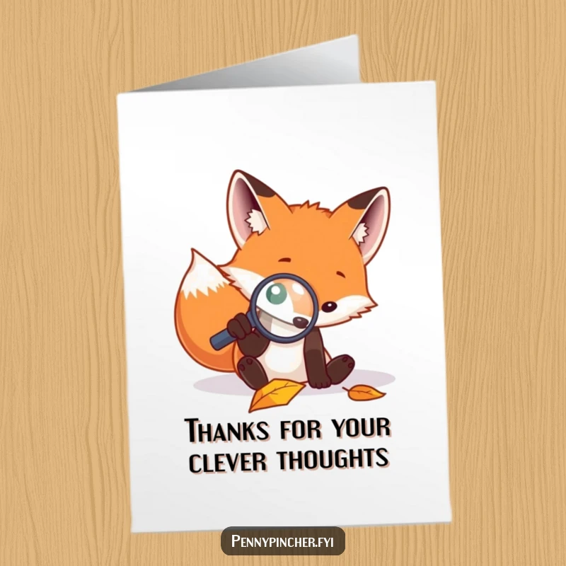 Funny Free Printable thank you card featuring a focused fox examining a leaf with a magnifying glass, conveying quiet appreciation.