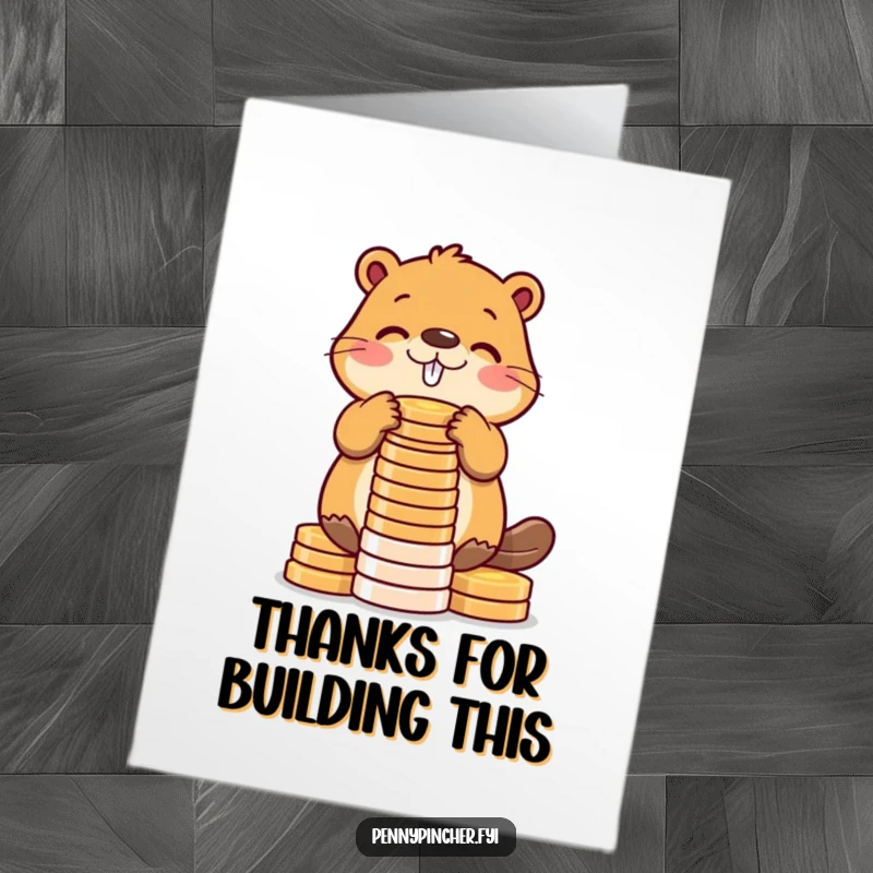 Funny Free Printable Thank You Card: Beaver stacks coins into a tower, offering thanks for great deeds.