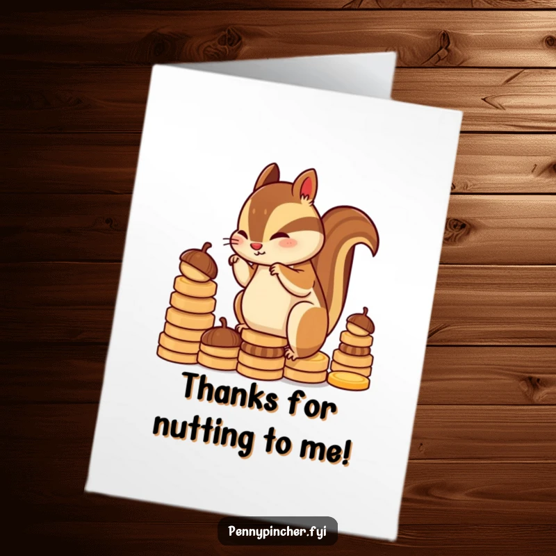 Funny Free Printable Thank You Card: Diligent chipmunk character stacking acorns, showing appreciation.