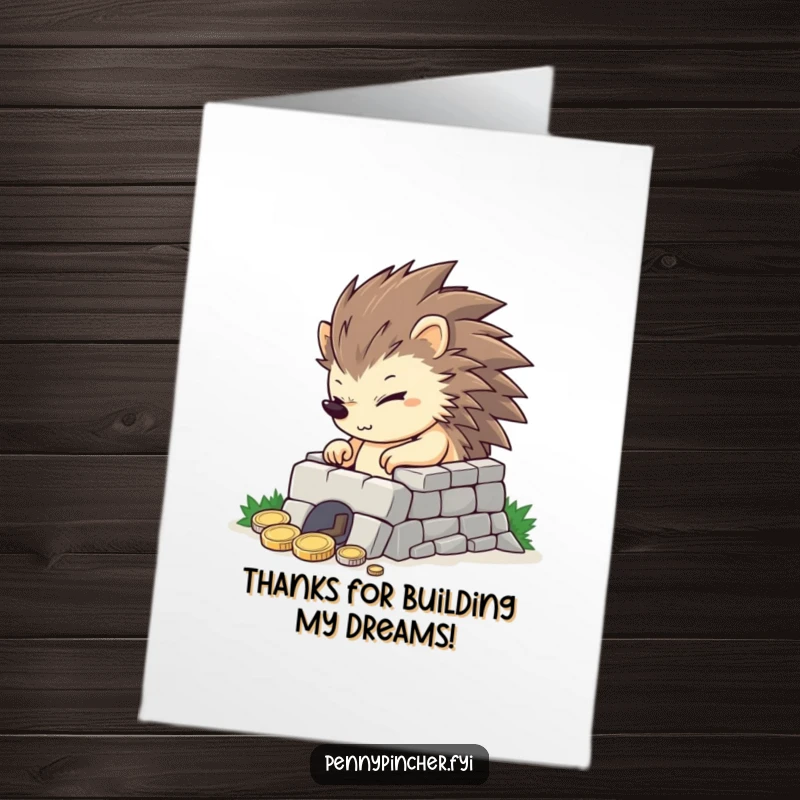 Funny free printable thank you card: A determined hedgehog poses proudly beside its miniature fortress made of coins, thanking you for your generosity.