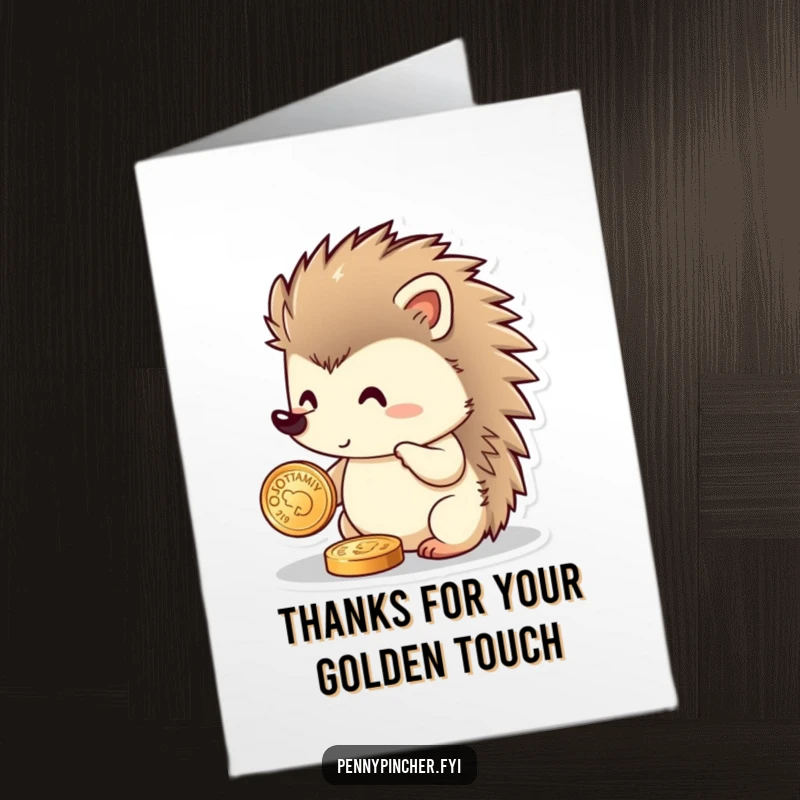 Funny Free Printable Thank You Card: A happy hedgehog cherishes a shiny coin, expressing thanks with delight.