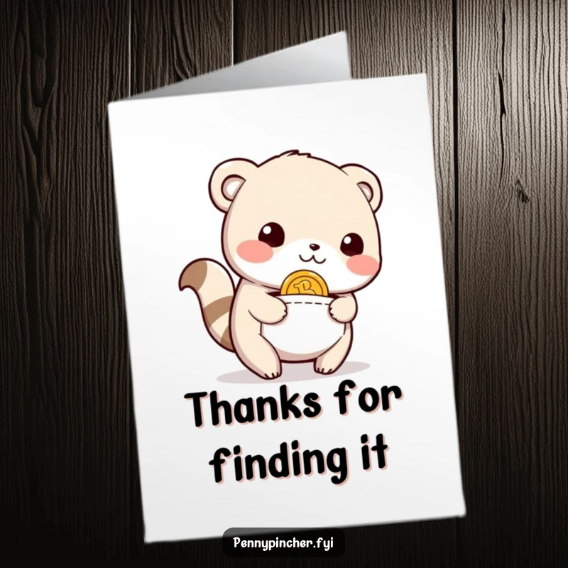 Funny Free Printable Thank You Card: Relieved animal character smiling, having found a coin in its pocket, a lucky downloadable note.