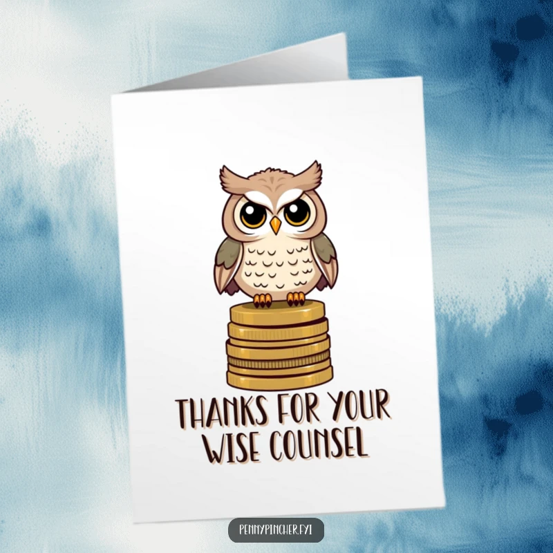 Funny Free Printable Thank You Card: A wise owl on its coin pile extending a 'valued' coin as a thank you gesture.