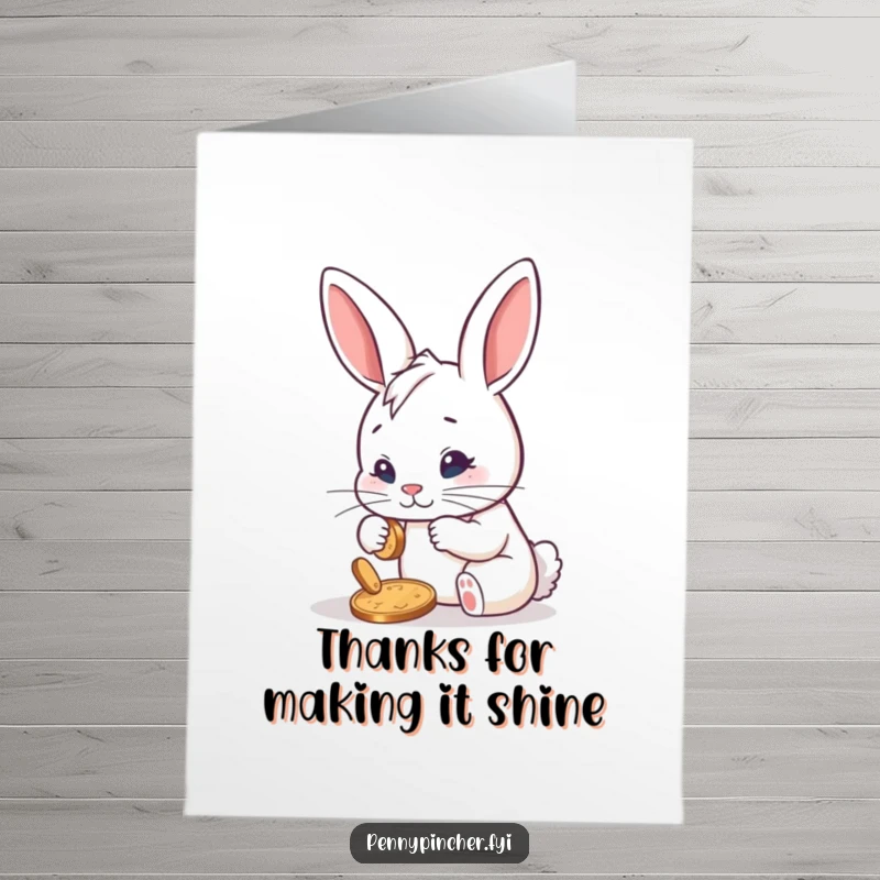 Funny Free Printable Thank You Card: Determined rabbit polishing a shiny penny, a humorous and appreciative downloadable gift