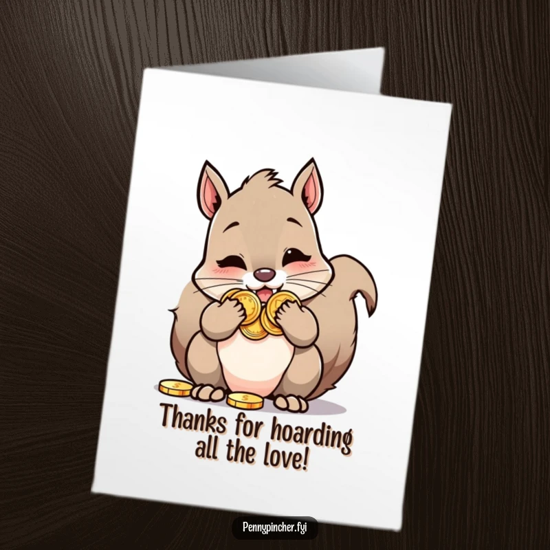 Funny Free Printable Thank You card depicting a squirrel comically stuffing its cheeks with shiny coins, showing abundance.
