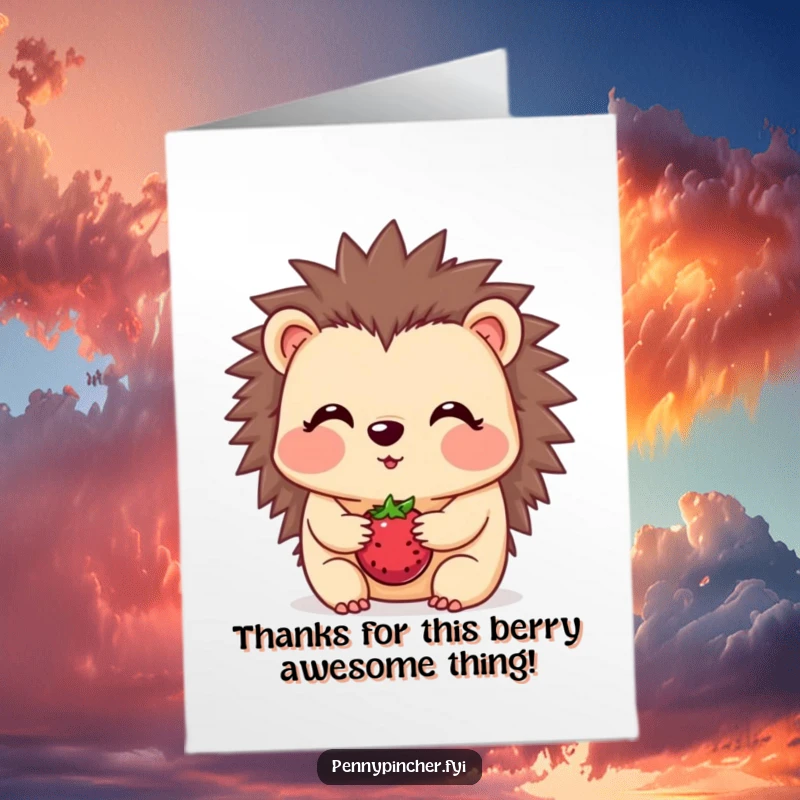 Funny free printable hedgehog thank you card, a blushing hedgehog balances a berry on its snout, shy gratitude.