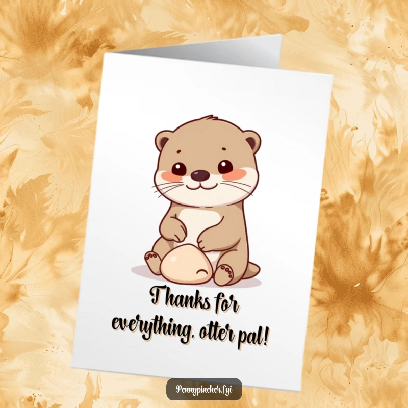 Funny free printable otter thank you card, otter gleefully plays with a smooth pebble, simple gratitude.