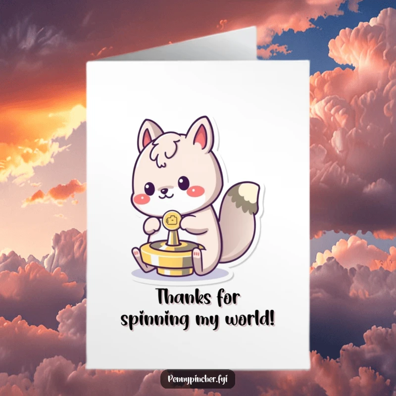Funny Free Printable Thank You Card: A playful animal character engrossed in spinning a large coin like a top.