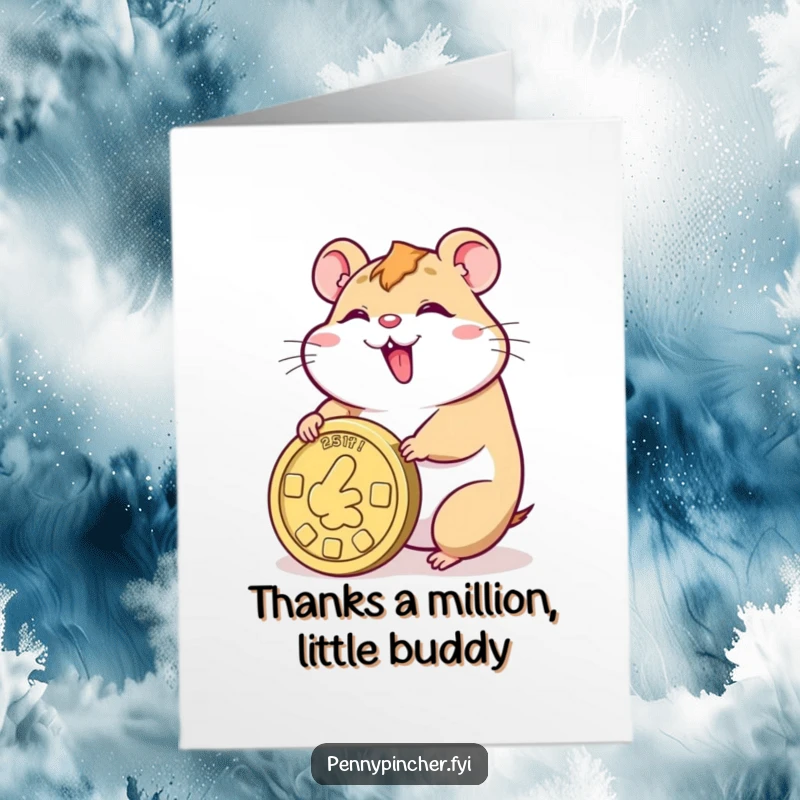 Funny Free Printable Thank You Card: A smiling hamster offering a giant coin as a token of thanks, looking very pleased.