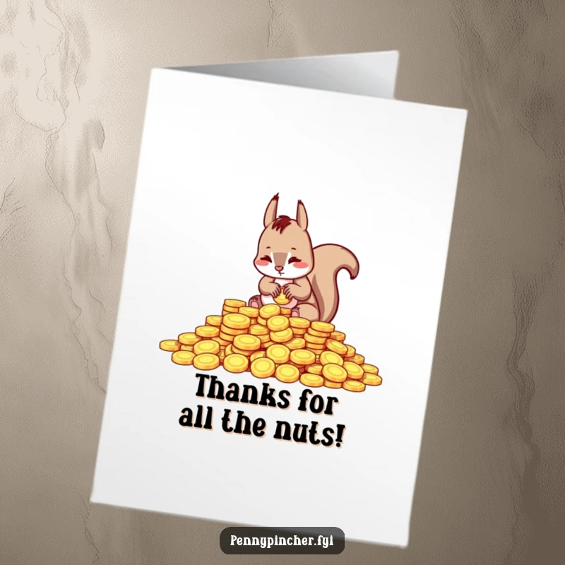 Funny Free Printable Thank You Card depicts a squirrel diligently counting a pile of gleaming coins, a symbol of earned appreciation.
