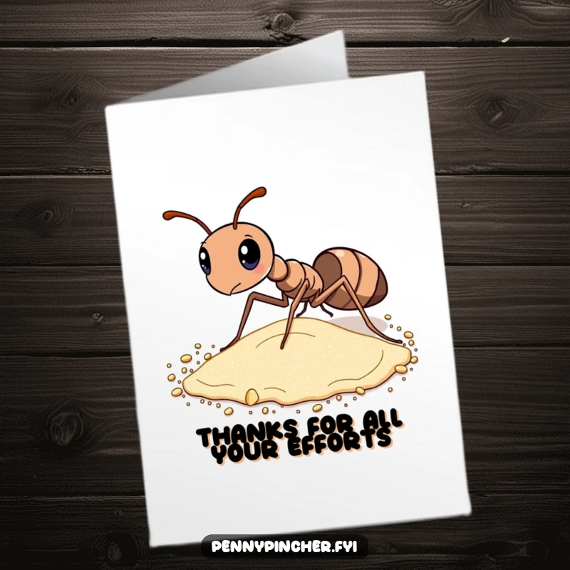 Funny Free Printable thank you card with a diligent ant meticulously sorting sand grains, showing appreciation for effort.