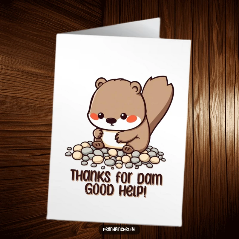 Funny Free Printable Thank You Card: Kawaii beaver offering a perfectly arranged pile of tiny pebbles as a humorous thank you.