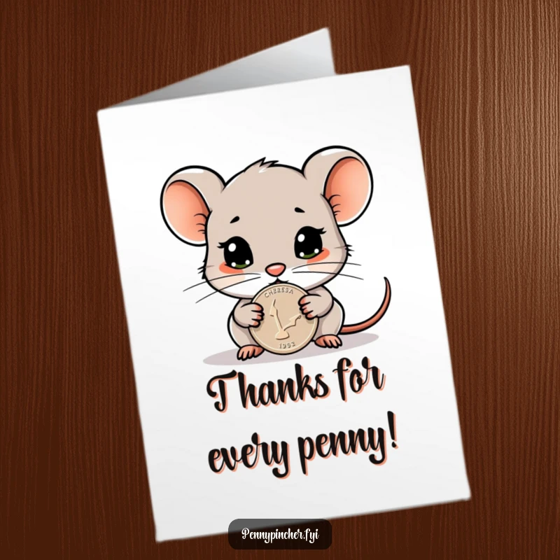 Funny Free Printable Thank You Card depicts a cautious mouse protectively guarding a single, gleaming penny in a gesture of thanks.