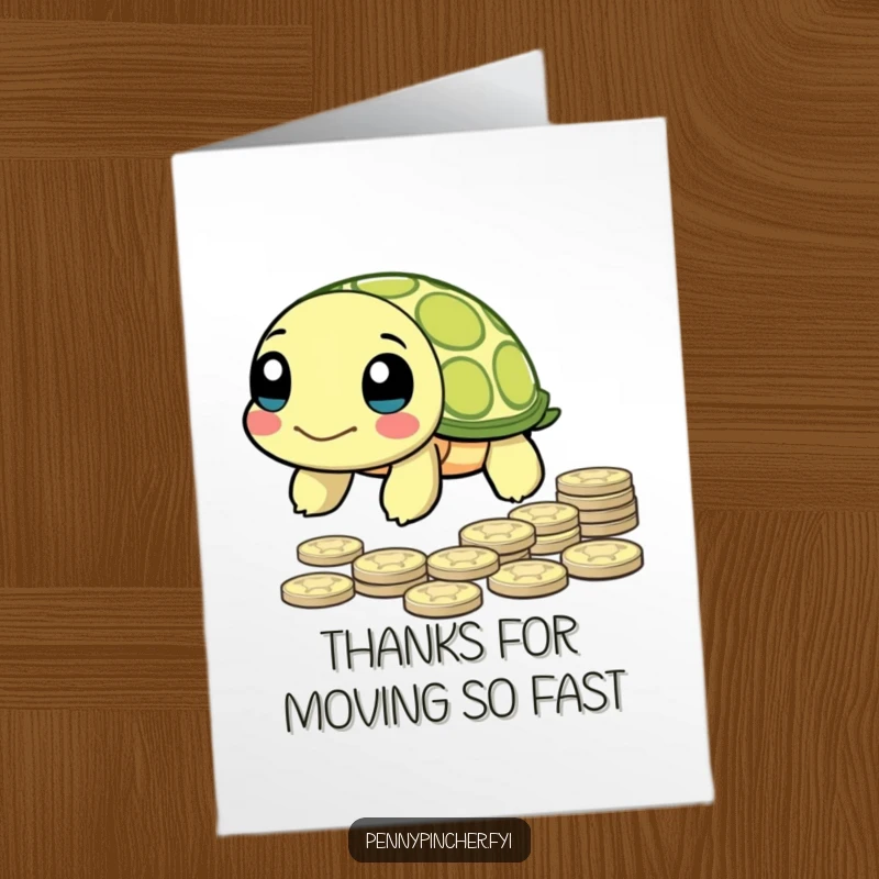 Funny Free Printable Thank You Card: A patient turtle character slowly approaching a pile of pennies to say thanks.