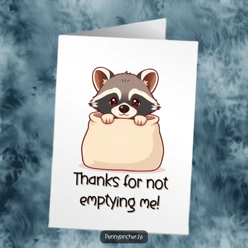 Funny Free Printable Raccoon Thank You Card: Cautious raccoon peeking into an empty money bag, a humorous take on thanks.