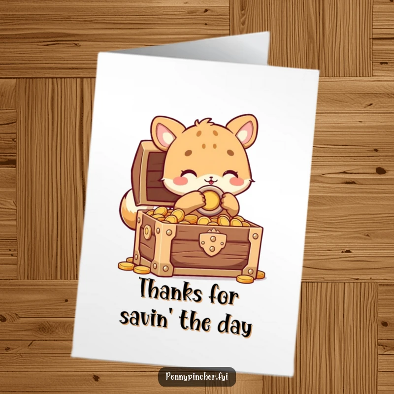Funny Free Printable Thank You Card: An animal character protectively locks a treasure chest full of coins.