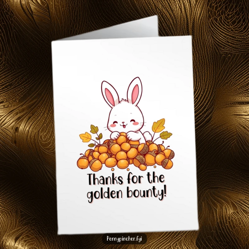 Funny Free Printable Thank You card of a happy rabbit character counting a hoard of golden acorns, a symbol of appreciation.