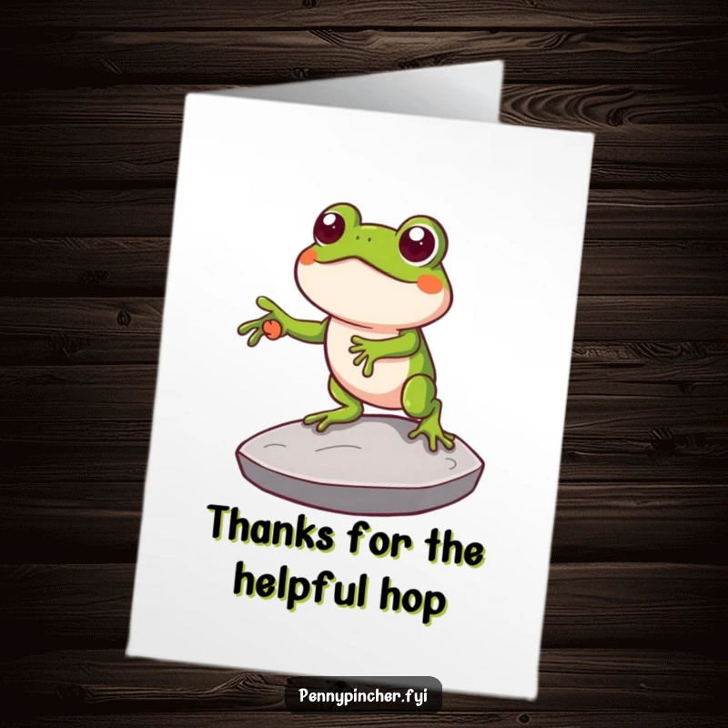 Funny Free Printable Thank You Card: Clever frog using a large coin as a stepping stone, a humorous downloadable gift