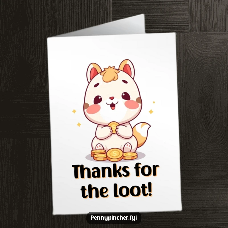 Funny free printable thank you card: an adorable animal character happily counts coins, conveying thanks with enthusiasm.