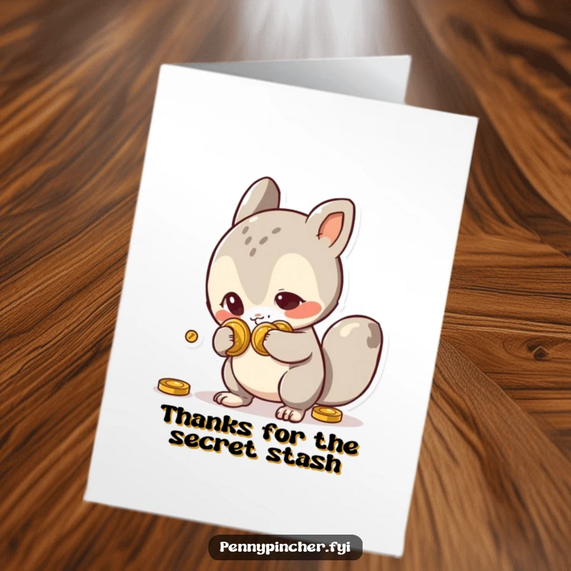 Funny Free Printable Thank You Card: Mischievous animal character slyly hiding coins, a humorous downloadable greeting for expressions of gratitude.