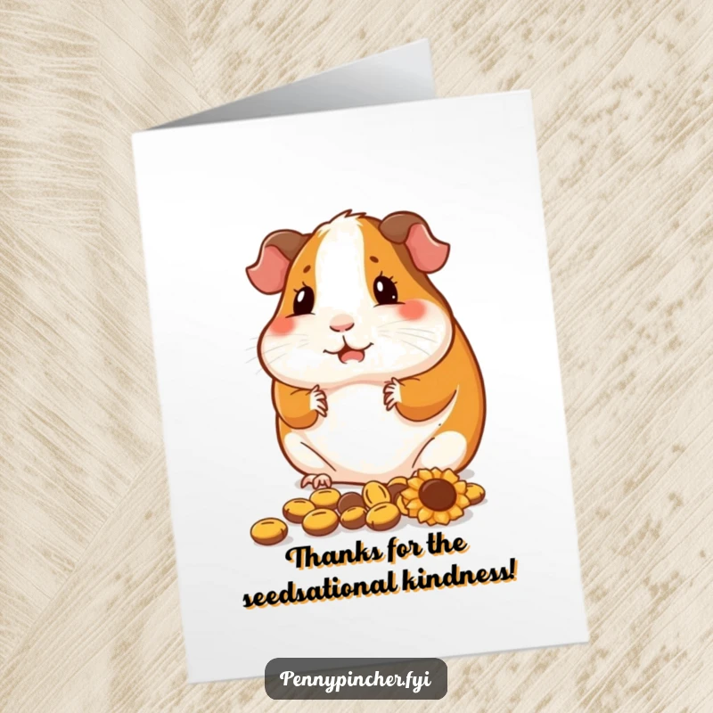 Funny free printable guinea pig thank you card, contented guinea pig arranging sunflower seeds, careful thanks.