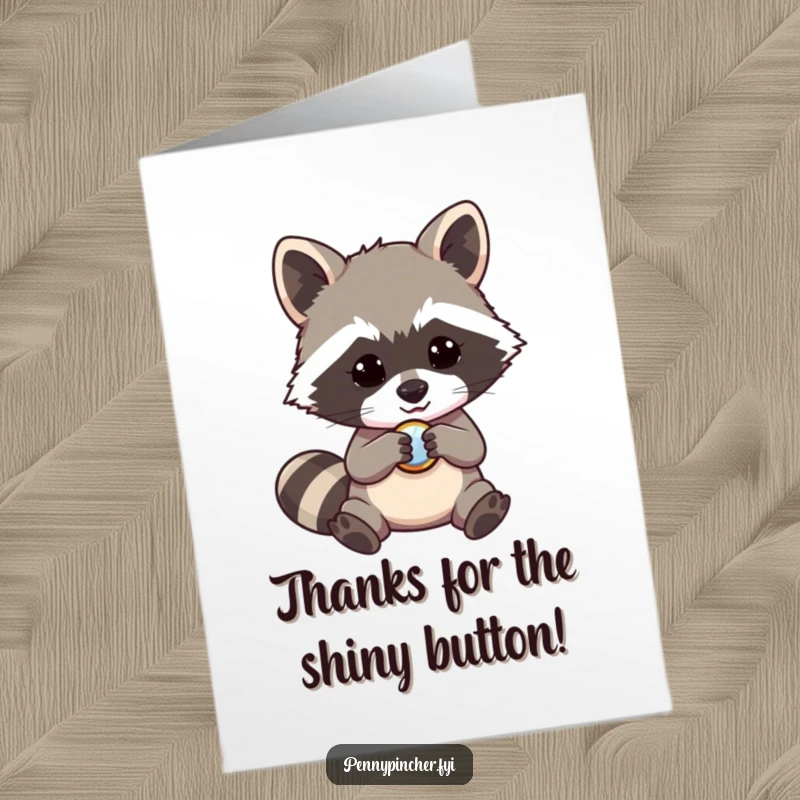 Funny free printable raccoon thank you card, raccoon fixated on a shiny button, unique gratitude.