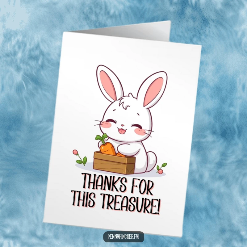 Funny Free Printable Rabbit Thank You Card: Giggling rabbit with a tiny treasure chest holding a carrot, a whimsical thank you design.
